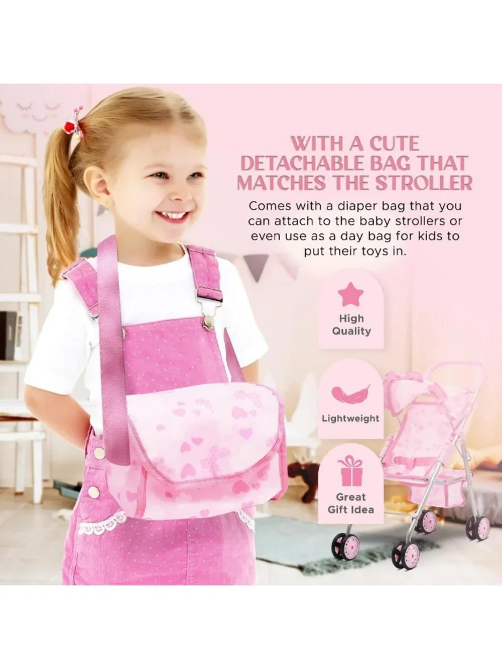Deluxe Baby Doll Stroller, Swing & High Chair Playset with Diaper Bag